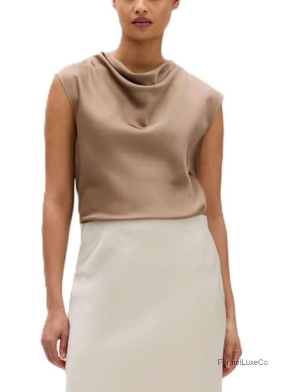 Satin Cowl Neck Blouse Short Sleeve Classic Fit Top